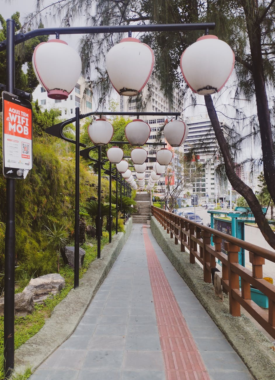 lanterns above the walkway in fortaleza japanese garden